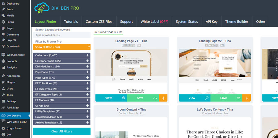 View of the Divi Den Pro layout finder in the WordPress plugin dashboard
