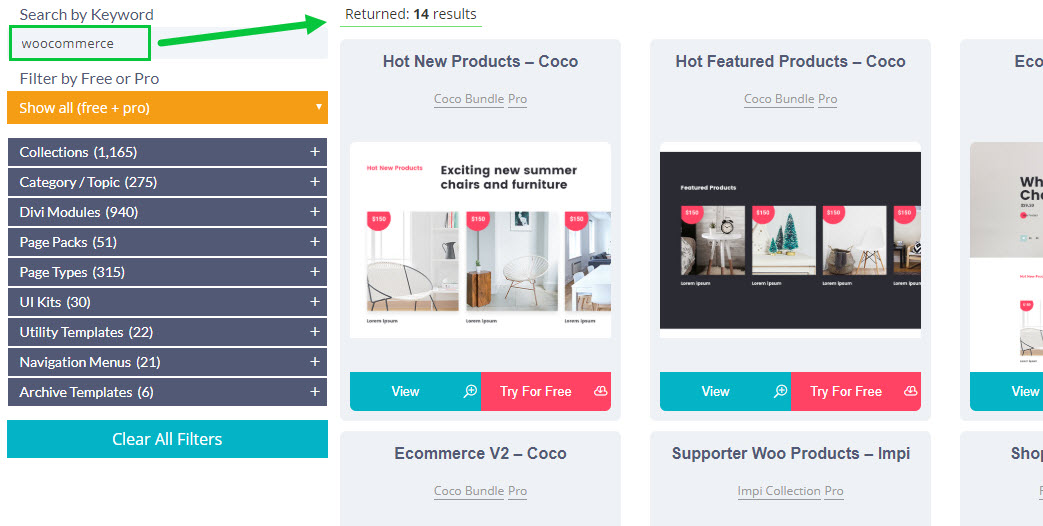 Screenshot showing divi woocommerce layouts and modules in the divi den pro layout library 