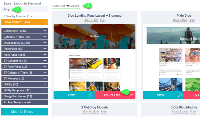 Layout Finder - Divi blog post templates divi den pro layout library