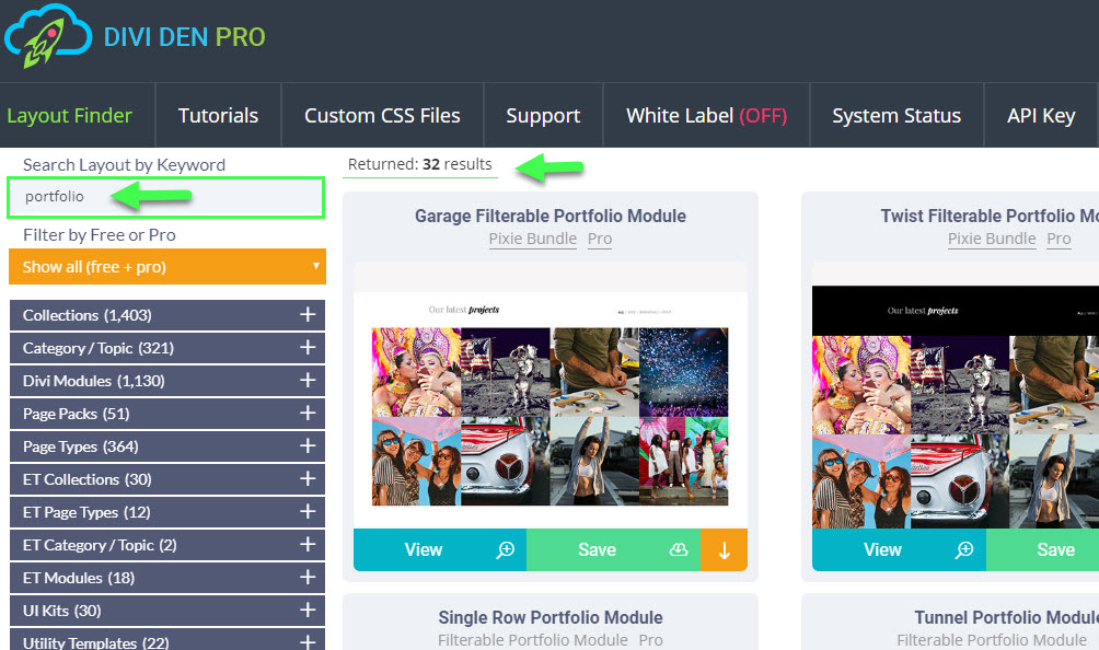 Screenshot illustrating how to search for Divi portfolio modules or pages in the Divi Den Pro Layout Finder