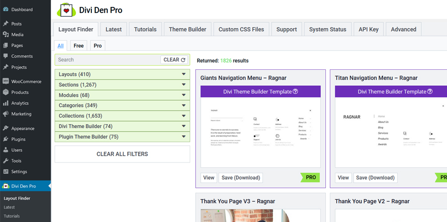 View of the Divi Den Pro layout finder in the WordPress plugin dashboard