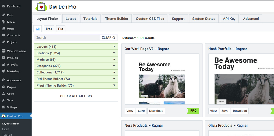 View of the Divi Den Pro layout finder in the WordPress plugin dashboard