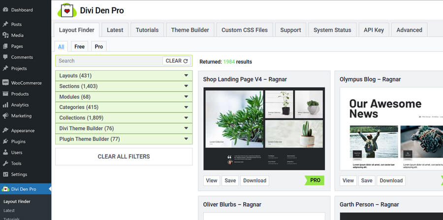View of the Divi Den Pro layout finder in the WordPress plugin dashboard