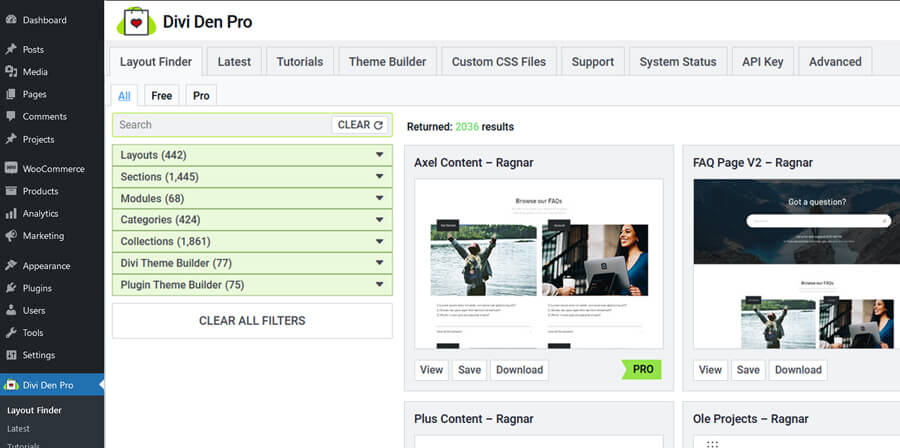 View of the Divi Den Pro layout finder in the WordPress plugin dashboard