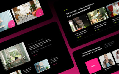 A collage of modern Divi Blog layouts and team member photos showcased on a sleek, black-background website layout.