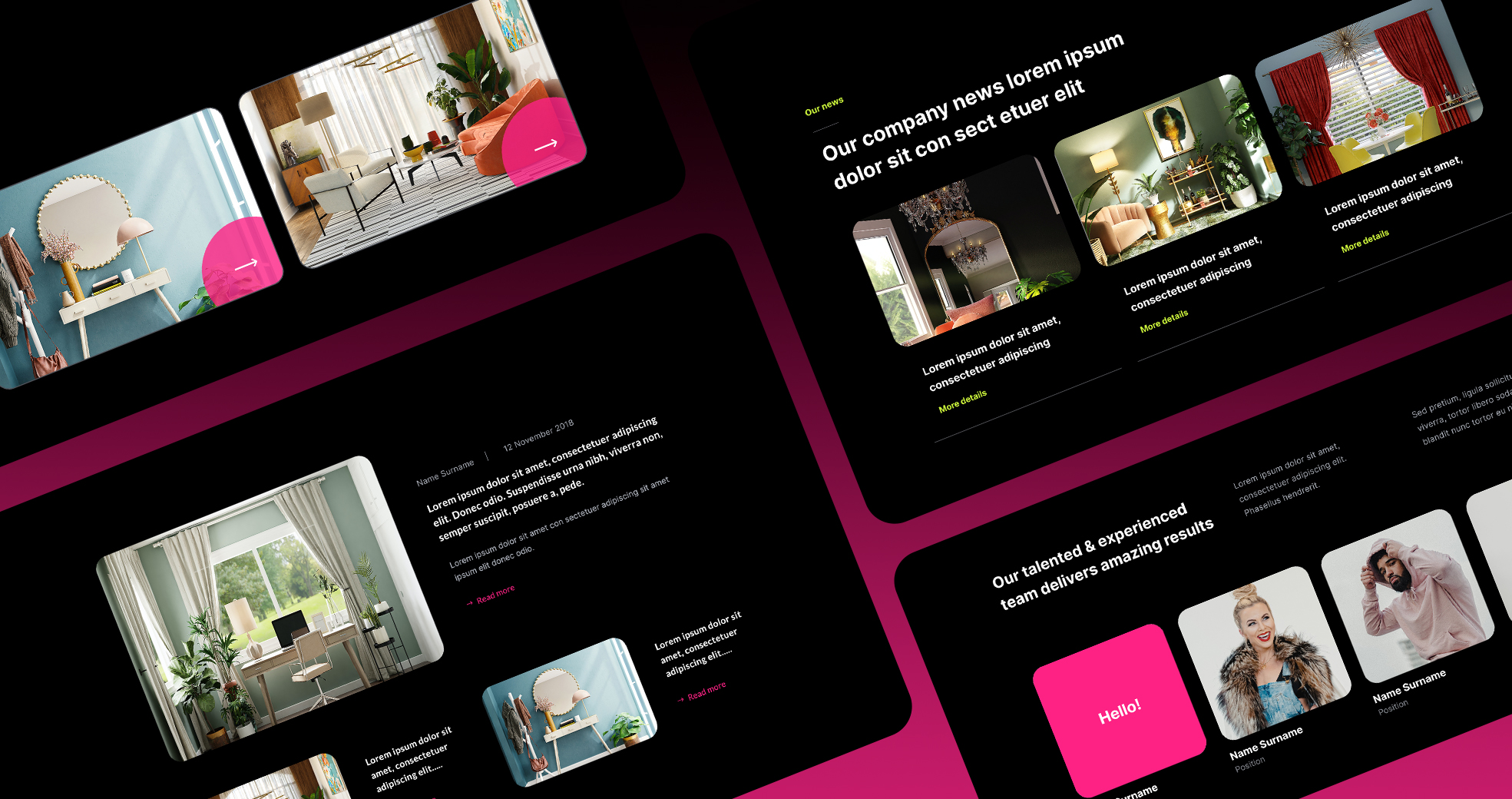 A collage of modern Divi Blog layouts and team member photos showcased on a sleek, black-background website layout.