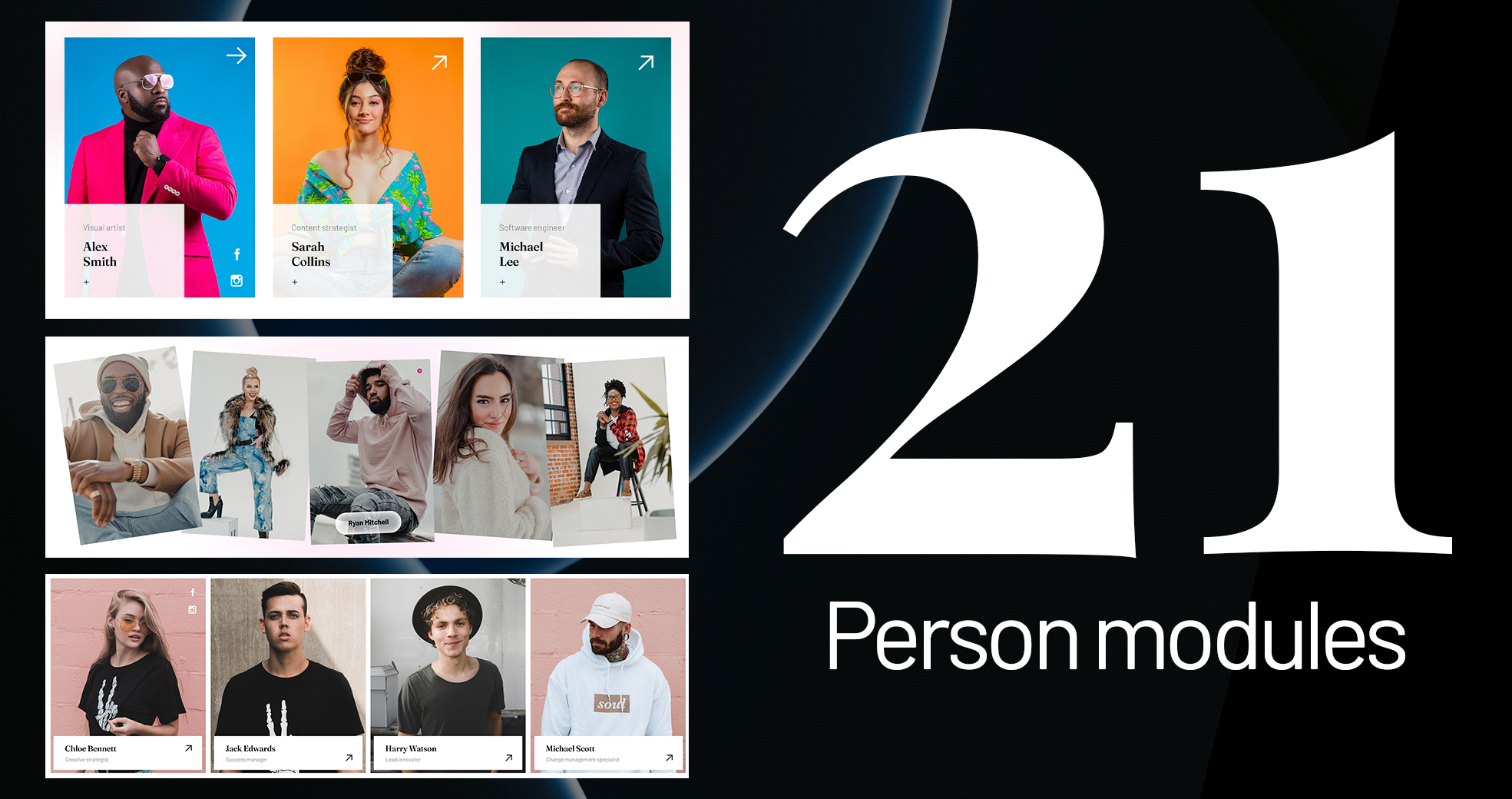 Showcase your team in style with these 21 modern, mobile-friendly Divi person modules. Easy to customize for any site. Five Collection by Divi Den Pro.