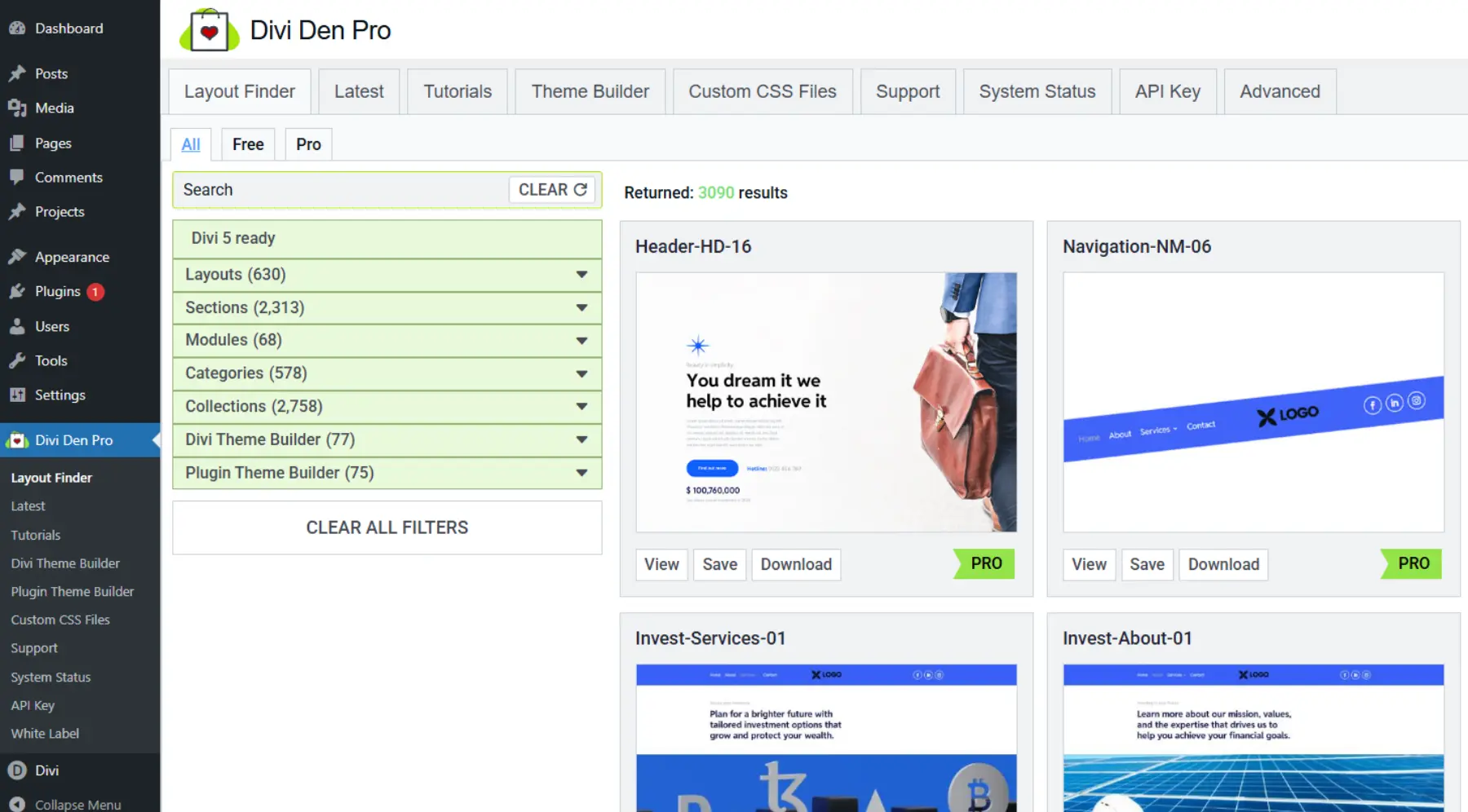 View of the Divi Den Pro Layout Finder from the Plugin Dashboard / View of the Divi Den Pro Layout Finder from the Plugin DashboardView of the Divi Den Pro Layout Finder from the Plugin Dashboard / View of the Divi Den Pro Layout Finder from the Plugin Dashboard