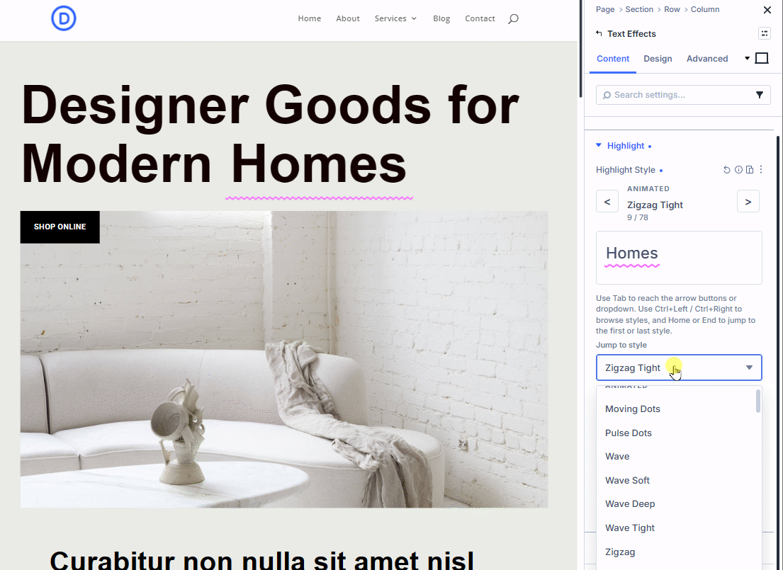 Divi Text Effects Settings